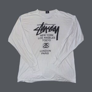 Stussy World Tour Long Sleeve Graphic T-Shirt XL 90's Y2K mens Streetwear Tee